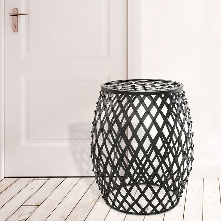 Bohemian Chic Black Metal Lattice Garden Stool / Display Stand / End Table, 18-inch