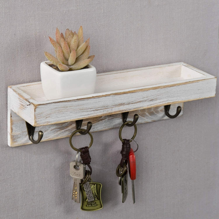 MyGift Floating Wall Shelf with Hooks, Whitewashed Wood Entryway Storage Shelf with 4 Metal Key Hooks