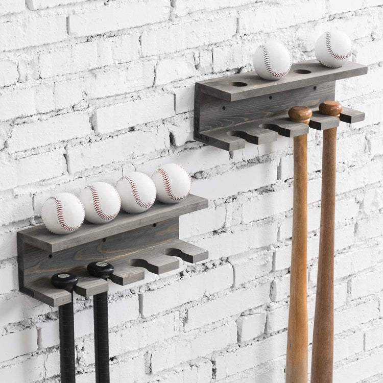 Set of 2 Gray Wood Wall Mounted Baseball Bat Rack & Ball Storage Shelf