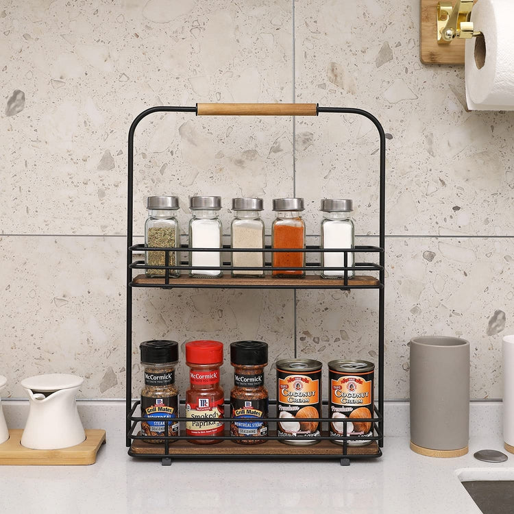 Burnt Wood and Black Metal Wire Bar Stove Top Spice Rack, Space Saving –  MyGift