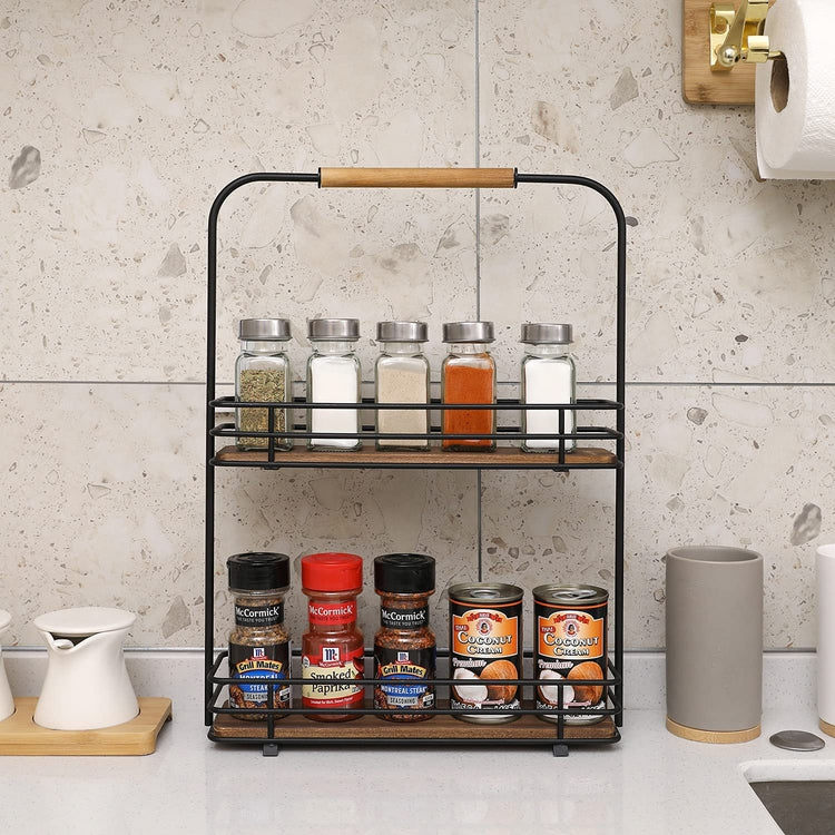 Matte Black Metal Frame, 2-Tier Spice Jar Display Storage Rack with Burnt  Wood Shelves and Handle