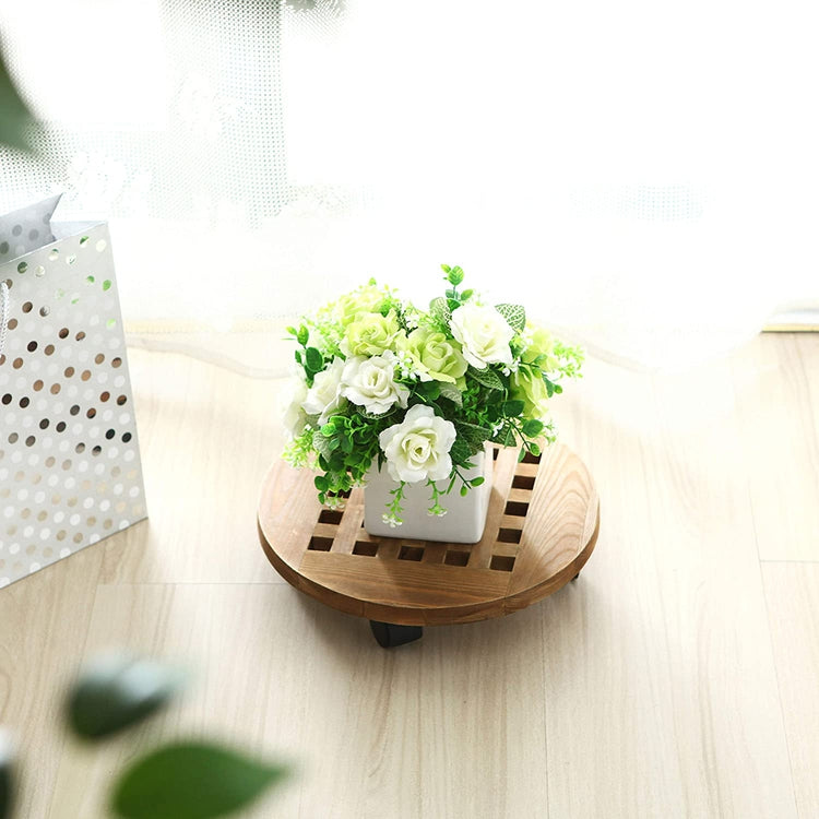 Light Brown Wood Rolling Planter Dolly with 360 Degree Rotating Casters, Round Plant Tray-MyGift