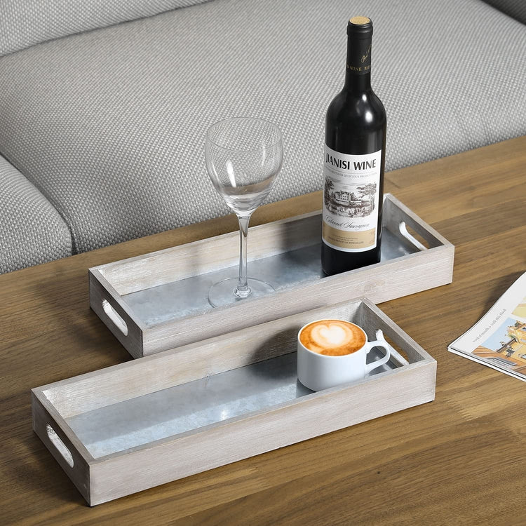 Set of 2, Wood and Rustic Galvanized Metal Rectangular Serving Trays, Decorative Ottoman Trays with Handles-MyGift