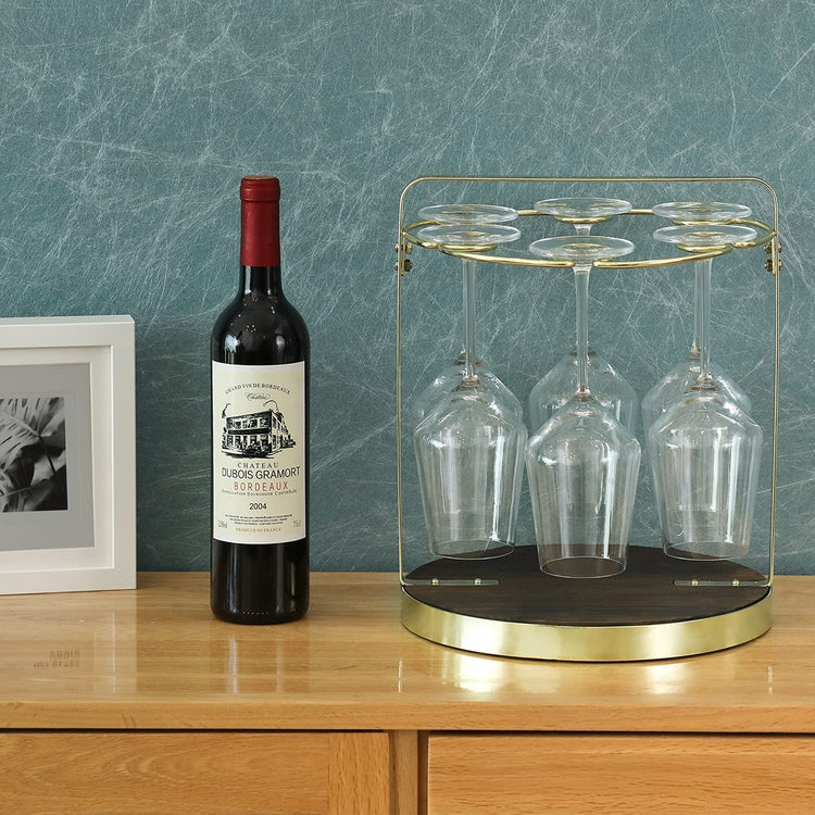 Brass Metal and Burnt Wood Tabletop Wine Glass Holder Rack