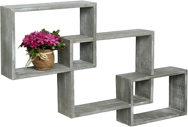 Set of 3 Wall-Mounted Weathered Gray Interlocking Wooden Shadow Boxes, Floating Box Display Shelves-MyGift