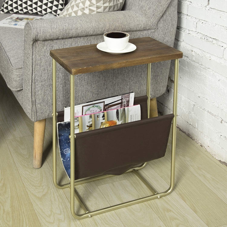 Dark Brown Burnt Wood and Brass Tone Metal Side Table with Leatherette Magazine Holder Sling-MyGift