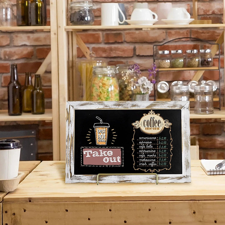 Whitewashed Wood Frame Chalkboard Sign with Brass Tone Metal Easel Stand, Tabletop Wedding, Event Message Board