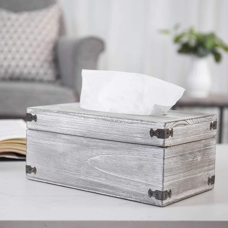 Gray-Washed Wood Rectangular Tissue Box Holder w/ Hinged Lid
