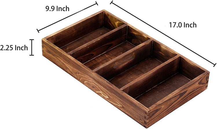 4 Slot Torched Wood Supply Organizer, Kitchen Utensil Cutlery Tray with Carrying Handle-MyGift