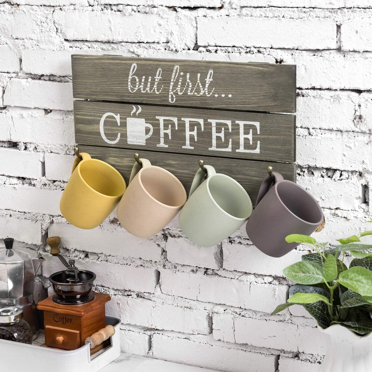 8-Hook, ‘But First Coffee’ Gray Solid Wood Mug Storage Rack, Wall Mounted Decorative Sign-MyGift