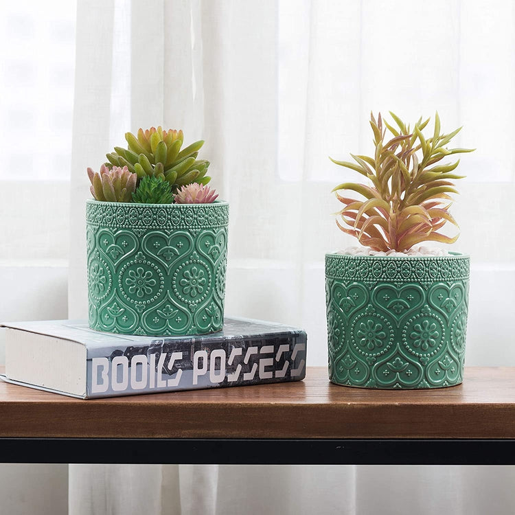 2 Pack of 4-Inch Aqua Green Ceramic Floral Embossed Succulent Planter Pots, Pots for Indoor Plants-MyGift