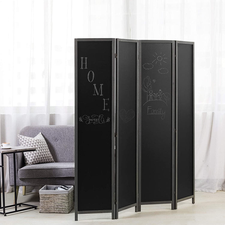 4 Panel Gray Wood Chalkboard Room Divider, Folding Writable Privacy Screen-MyGift