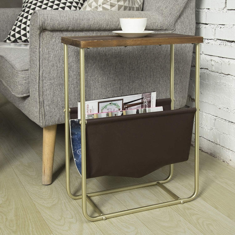 Dark Brown Burnt Wood and Brass Tone Metal Side Table with Leatherette Magazine Holder Sling
