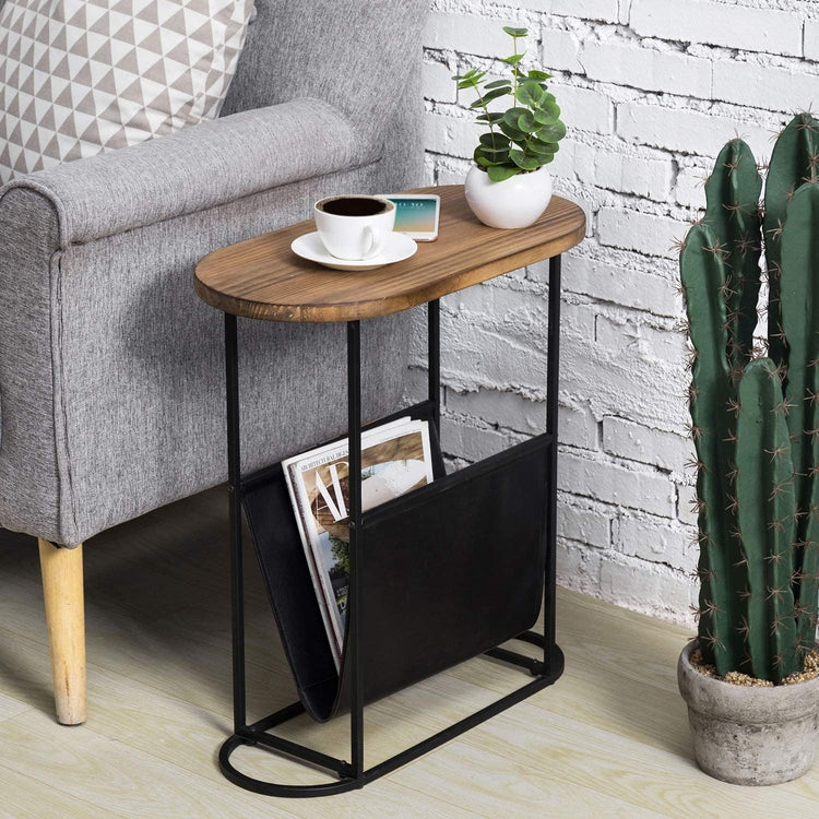 Oval-Shaped Burnt Wood and Black Metal Accent End Table with Magazine Sling Holder-MyGift