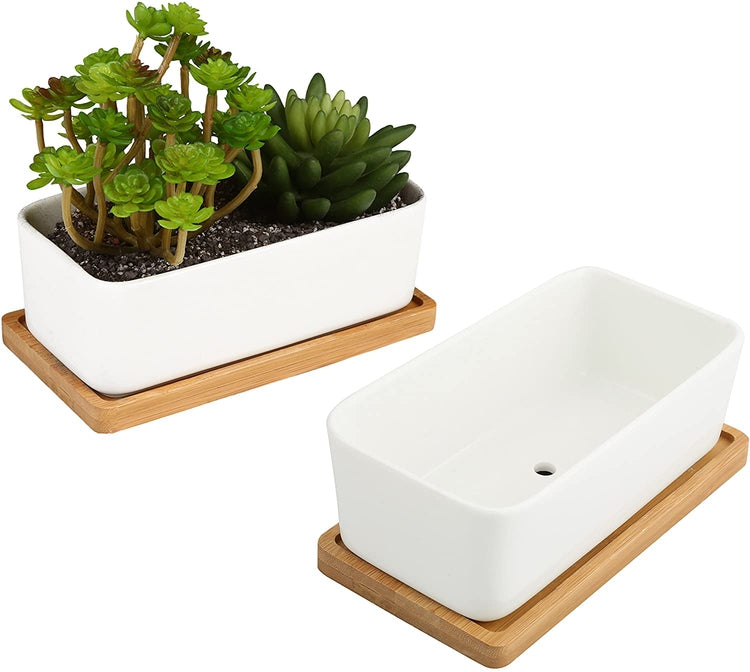 White Rectangular Planters with Removable Bamboo Saucers, Set of 2