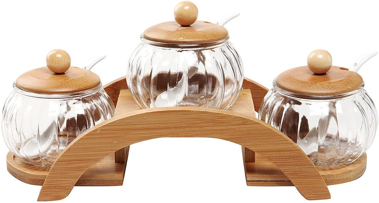 Set of 3, 16 oz Round Glass Jars with Ceramic Serving Spoons & Tiered Wood Display Rack-MyGift
