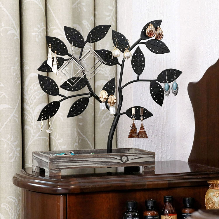 Matte Black Tabletop Leaf and Tree Design Jewelry Organizer with Torched Wood Ring Dish Tray