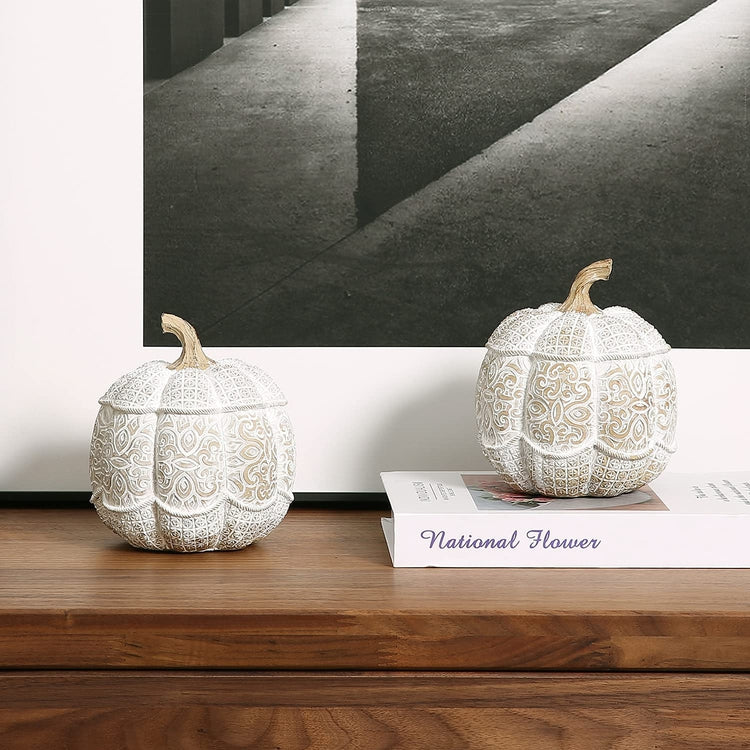 Artificial White Pumpkin Decoration with Intricate Etched Floral Pattern Design, Set of 2