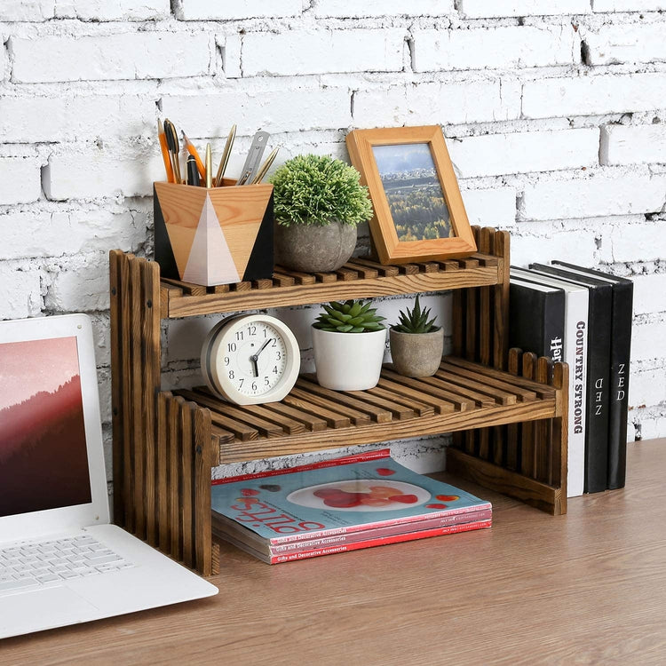 Dark Brown Wood, 2 Tier Tabletop Plant Display Riser Stand, Media Storage Rack, Desktop Shelves-MyGift