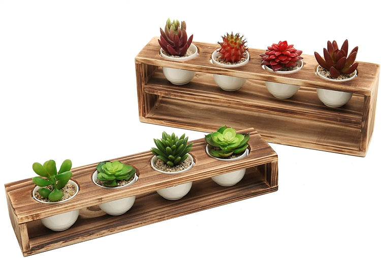 Rustic Burnt Wood Tiered Succulent Planter Stand with 8 Mini White Ceramic Plant Pots, Set of 2