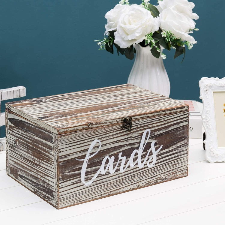 Torched Wood Wedding Gift Card Holder Box with Slotted Lid and Antique Hinge Lock
