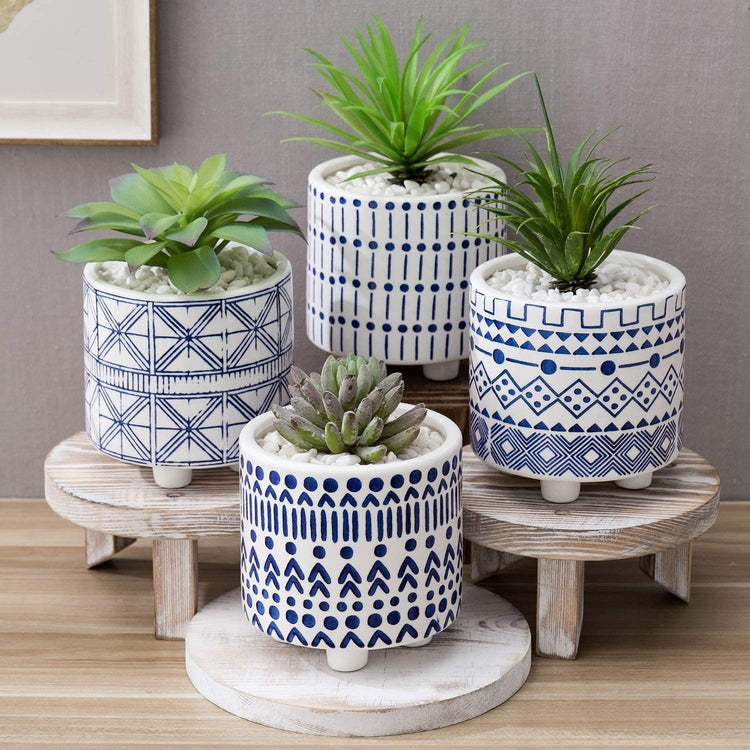 5 Inch Round Mediterranean Style Blue and White Ceramic Footed Planter Pots, Set of 4