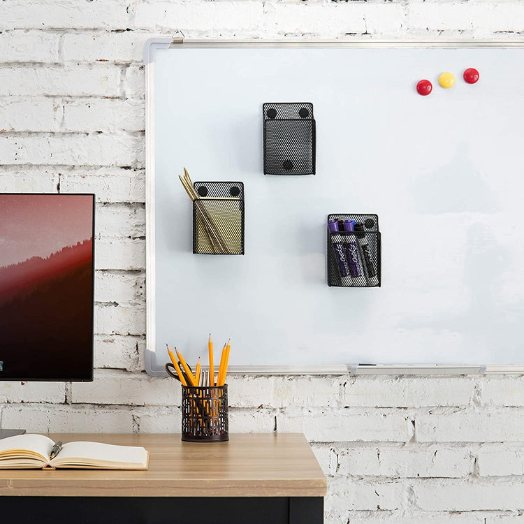 Set of 6, Black Wire Mesh Magnetic Pen and Dry Erase Marker Holder, Office Supply Storage Baskets