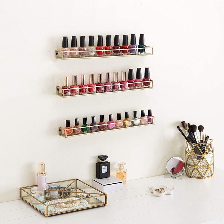 Brass-Tone Metal Nail Polish and Essential Oils Display Shelves, Wall Mounted Spice Rack, Set of 3