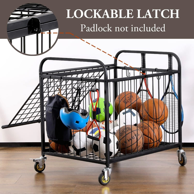 Black Metal Rolling Sports Ball Cage Storage Hopper, Gym Equipment Basket Cart with Lockable Latch, Wheels, and Hooks