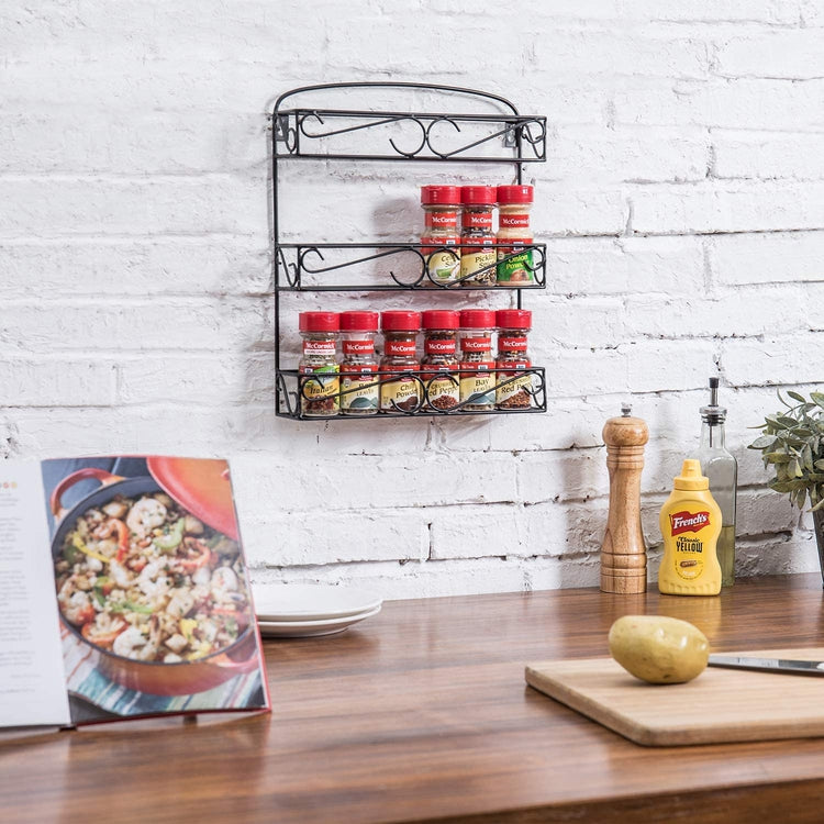 3 Tiered Wall Mounted Spice Rack with Black Metal Wire Scrollwork Design-MyGift