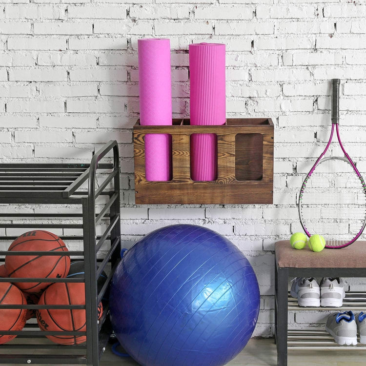 3 Compartment Dark Brown Wood Wall Mounted Fitness Foam Roller, Yoga Mat Holder Storage Rack-MyGift
