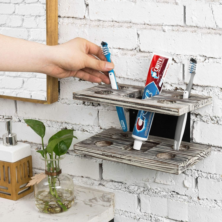 Wall Mounted Torched Wood Toothbrush & Toothpaste Holder-MyGift