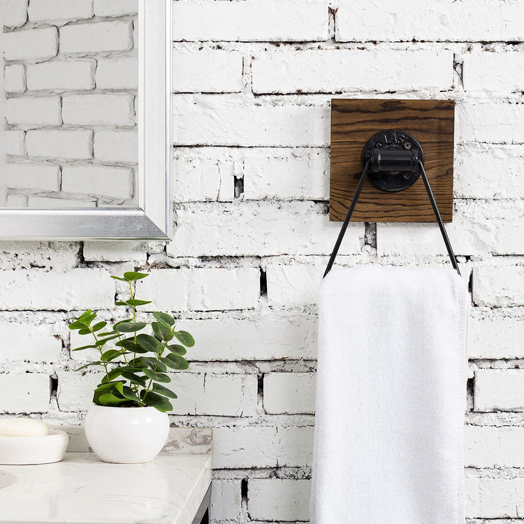 Dark Brown Burnt Wood and Industrial Black Metal Pipe Wall Mounted Hand Towel Ring