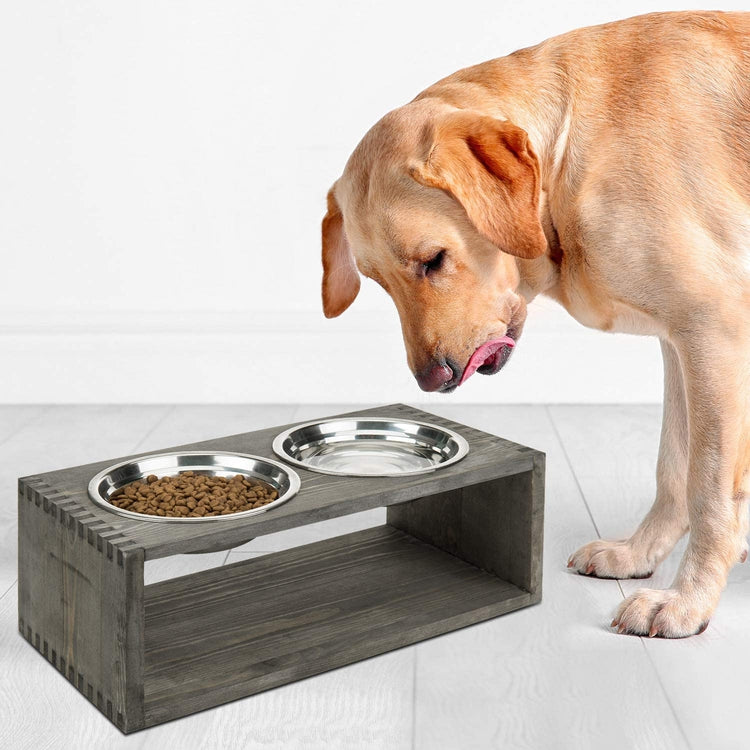 Gray Solid Wood Double Raised Pet Feeder for Small and Medium Size Pets, 4 Stainless Steel Bowls-MyGift