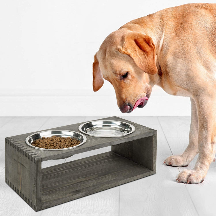 Gray Solid Wood Double Raised Pet Feeder for Small and Medium Size Pets, 4 Stainless Steel Bowls