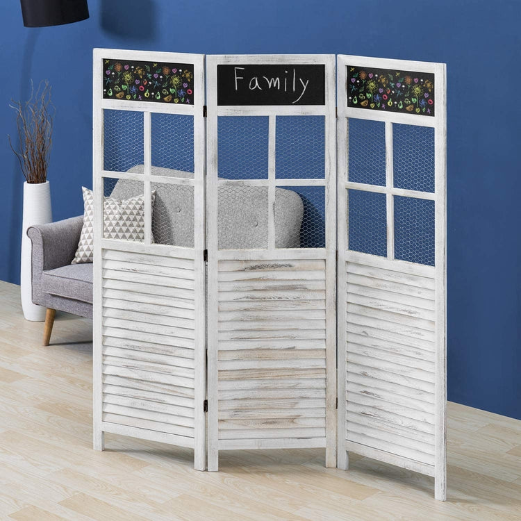 3-Panel White Distressed Room Divider with Chicken Wire and Chalkboard Panels