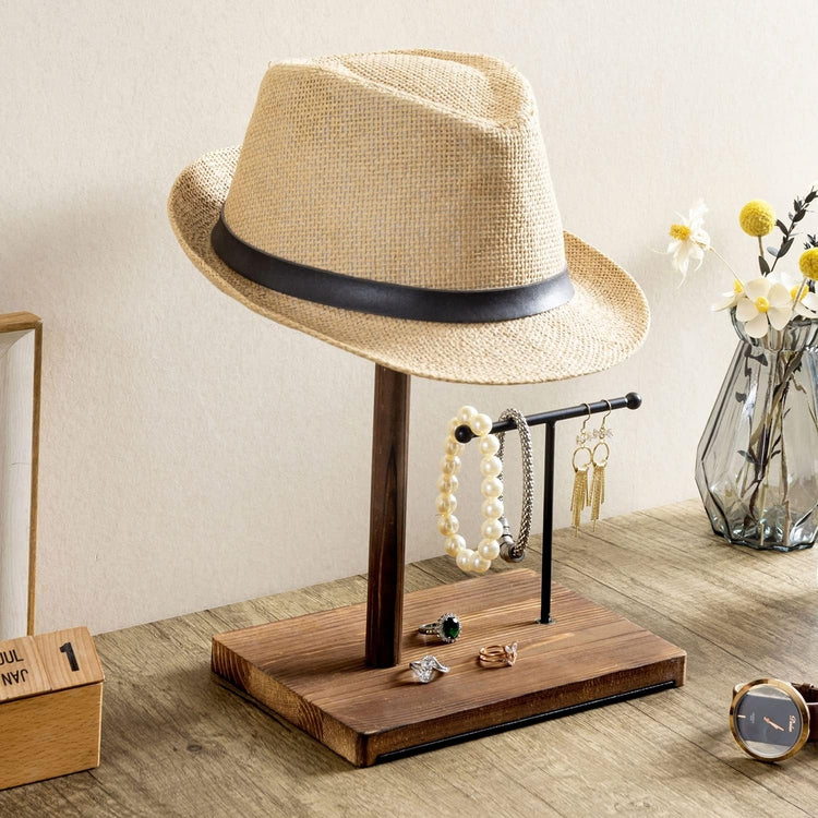 Burnt Wood Hat Rack with Black Metal Wire Jewelry Stand, Tabletop Vanity Display for Watches, Bracelets, Earrings-MyGift