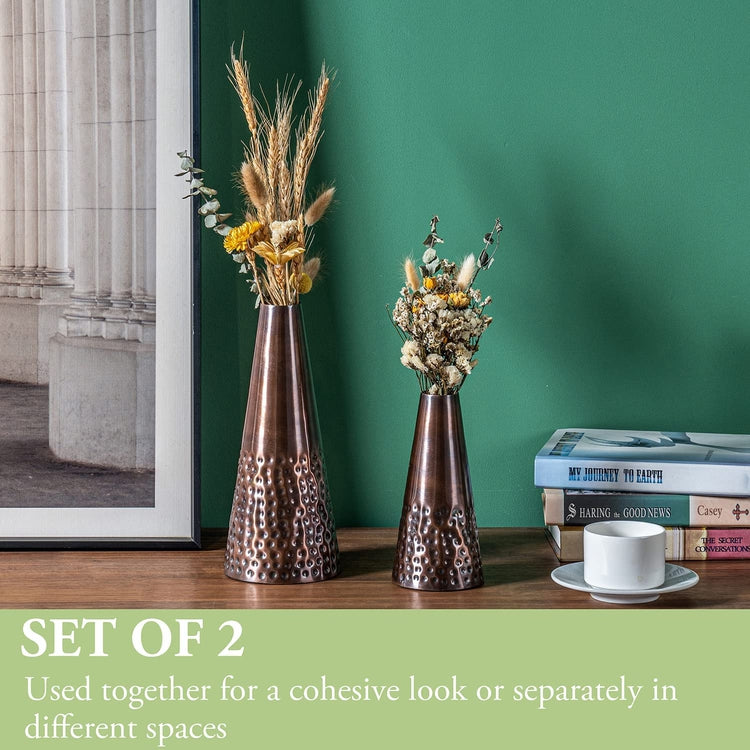 7 and 10.5 Inch Copper Tone Metal Tapered Flower Vases with Hammered Pattern, Handcrafted Vase for Floral Arrangements