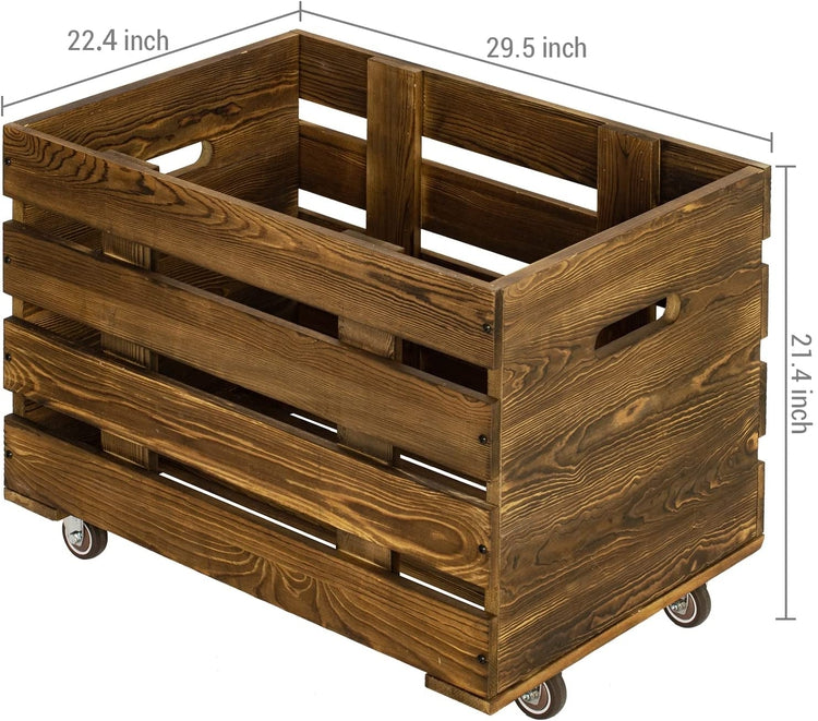 Crate Style Burnt Wood Rolling Sports Ball and Gym Equipment Storage Trolley Cart with Caster Wheels-MyGift
