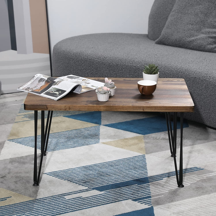 Dark Brown Burnt Wood Rectangular Coffee Table, Side Accent Table with Matte Black Metal Wire Hairpin Legs-MyGift