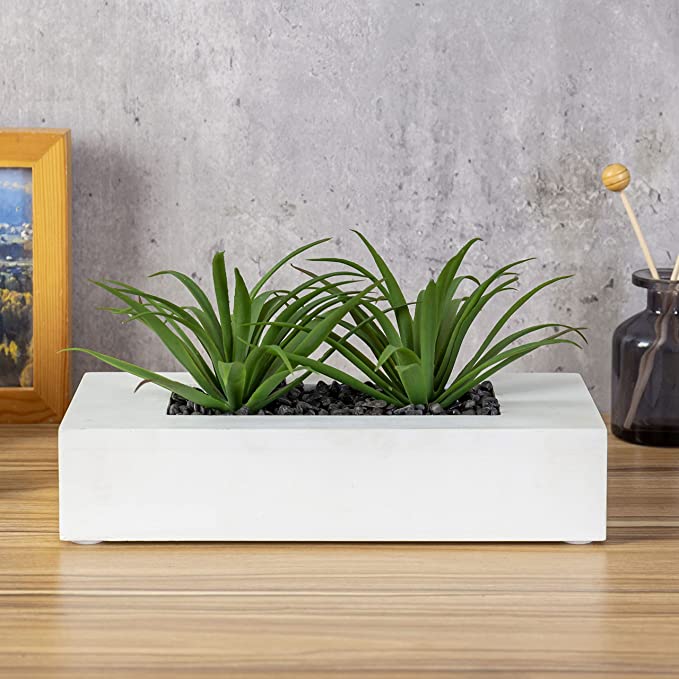 Tabletop Artificial Green Grass Plants in 10 Inch White Wood Rectangular Plant Pot
