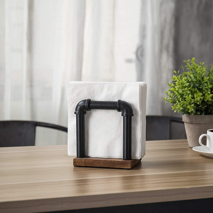 Burnt Wood and Industrial Metal Pipe Tabletop Napkin Holder