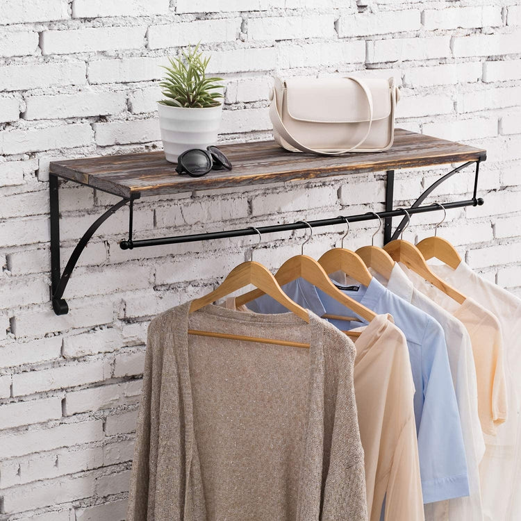 clothes rack hanging plants Wall Mounted Rustic Torched Wood Floating Shelf with Black Metal Garment Rack