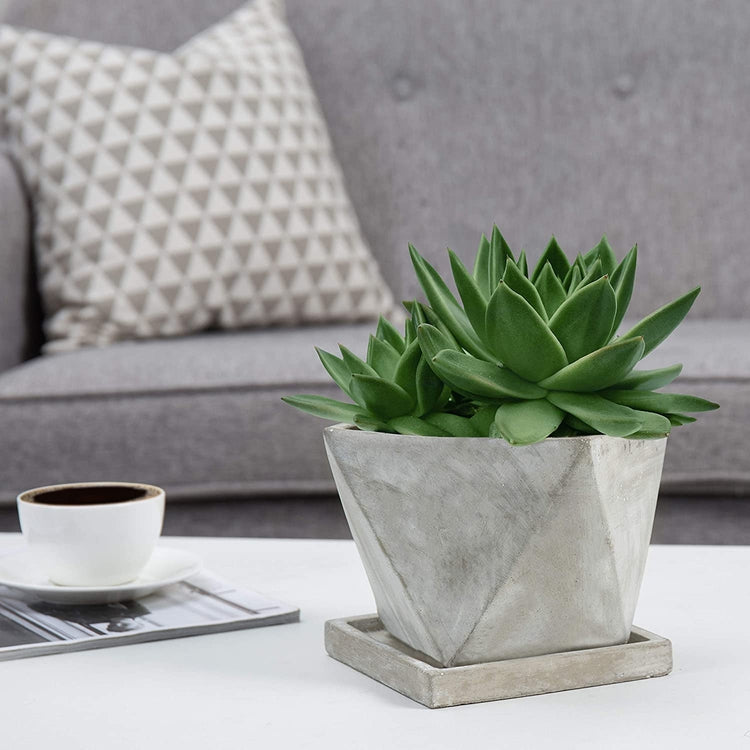 Mini Gray Concrete Geometric Design Planter Pot with Removable Saucer-MyGift