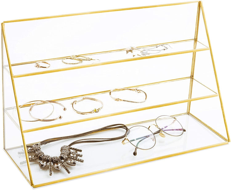 3-Tier Glass Jewelry Display Case with Gold-Tone Metal Frame-MyGift