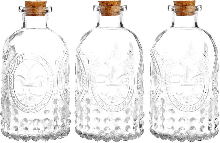 Set of 3 Antique Glass Embossed Apothecary Bottles with Cork Lids-MyGift