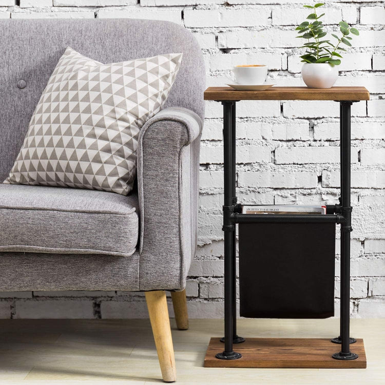Industrial Metal Pipe and Dark Brown Burnt Wood Side Table with Leatherette Magazine Sling Holder