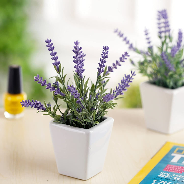 3 Pack 7.5 Inch Tall Artificial Lavender Plant with Ceramic Pot, Faux Flower for Home or Office-MyGift