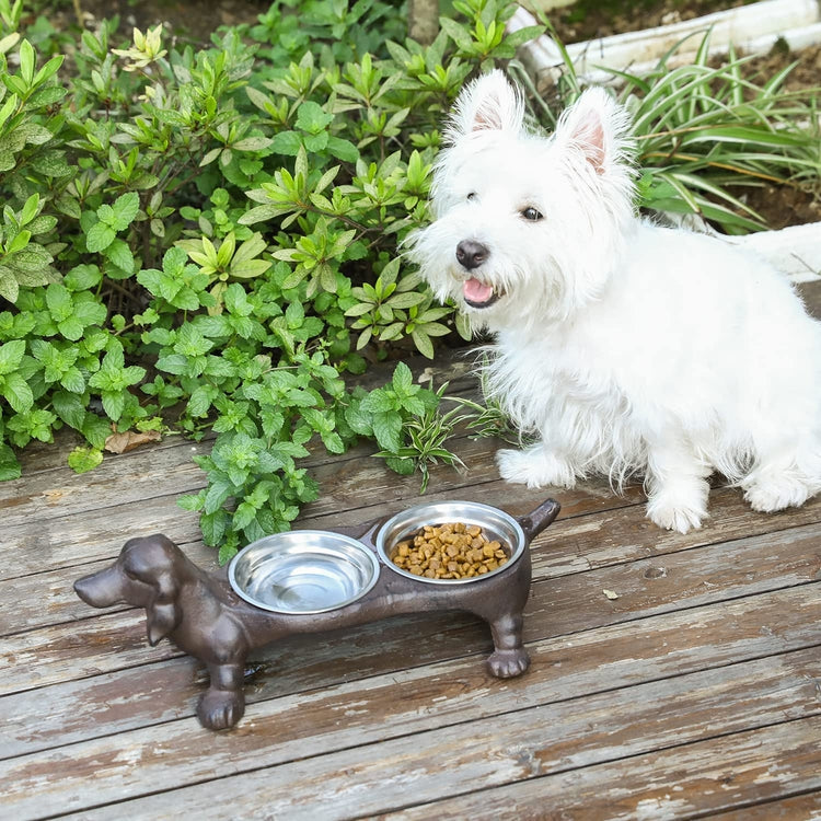 Rustic Cast Iron Dachshund Hot Dog Design Small Pet Feeder with 2 Stainless Steel Bowls-MyGift