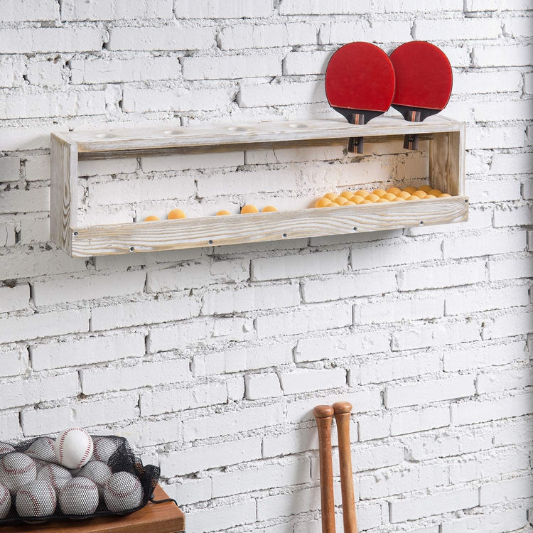 Whitewashed Wood, Wall Mounted Ping Pong Paddle Display Rack with Ball Storage Shelf-MyGift